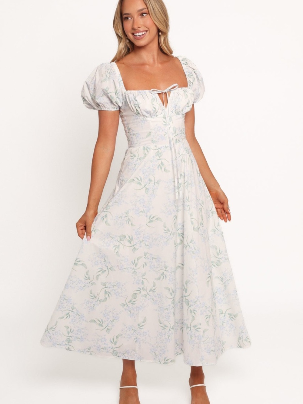 Floral Puff-Sleeve Midi Dress - White & Blue
